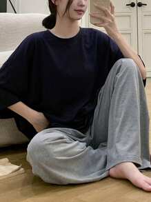 DAZY 2 Stücke Damen Sommer einfarbiges Set aus Rundhals Lässig Top und weiter Hose, Homewear Set Pyjama - marineblau - Übersicht 4