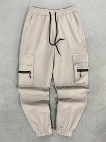 Manfinity Homme 男士休闲纯色抽绳工装裤，返校服装 - 淺灰色 - 查看 7