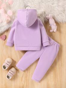Baby Girl Winter Casual Cute & Lively Warm Contrast Fuzzy Zip-Up Hoodie And Cozy Sweatpants Set With Dog Paw Decor, For Everyday Wear, Winter Clothes