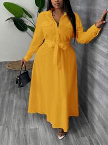 Slaydiva Jesienne stroje Sukienka nauczycielska Commuter Elegance damska Plus Size Maxi Sukienki damskie Długa sukienka w stylu koszuli w kształcie litery A w kolorze białym - z paskiem w talii - Żółty - Zobacz 6