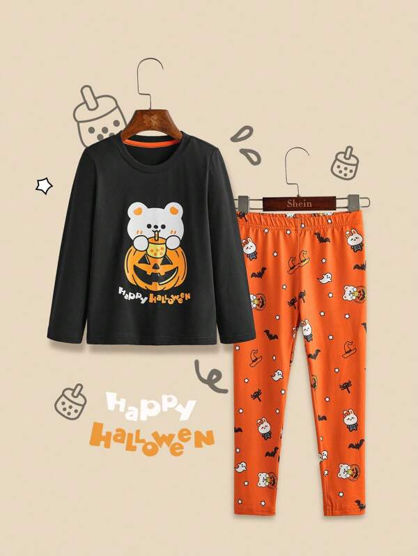 2pcs/Set Young Girl Bear And Pumpkin Graphic Long Sleeve Top And Allover Print Legging Halloween Outfits