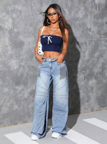 INAWLY Women Pocketed Wide Leg Loose Casual Versatile Denim Jeans - Dark Wash - View 2