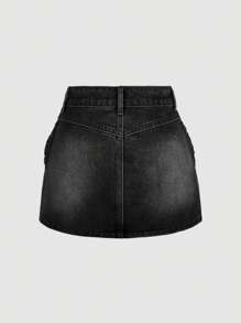 SHEIN MOD 女式前扣蝴蝶结装饰休闲牛仔 A 字裙 - 黑色 - 查看 2