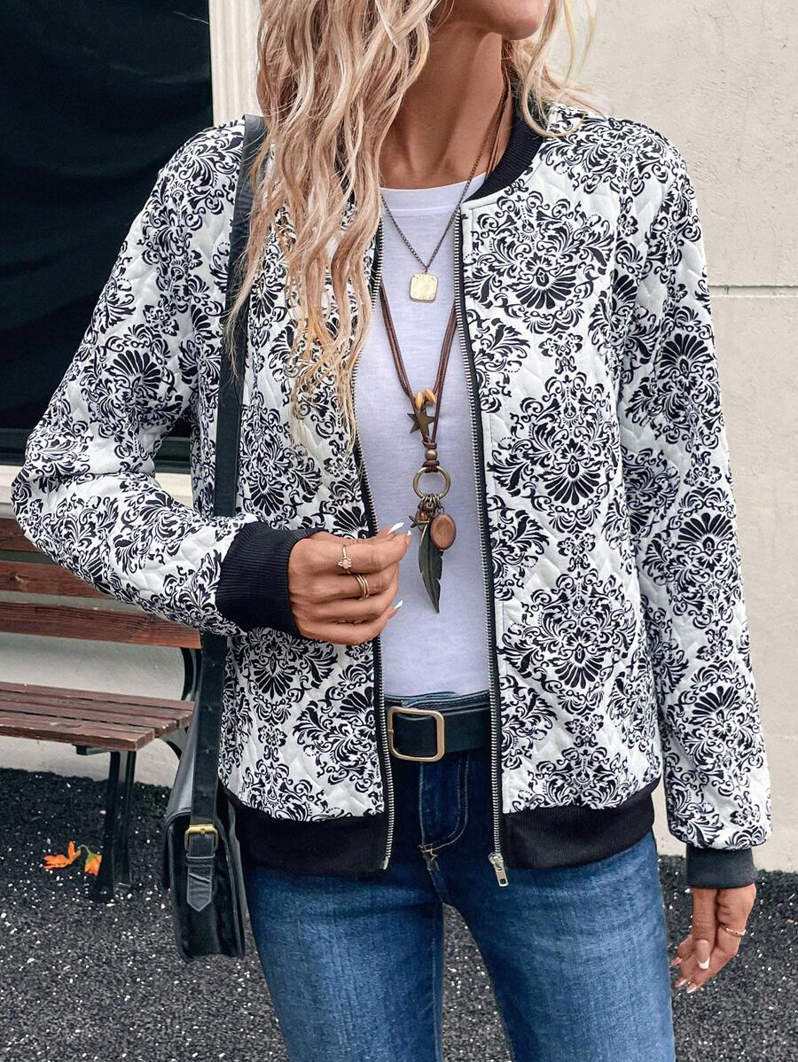 EMERY ROSE Chaqueta bomber casual con cremallera, de manga larga y estampado de retazos en toda la prenda para mujeres - Multicolor - Ver 1