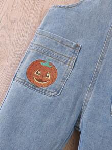 Kleinkind Lässig & Niedlich Halloween Kürbis Stickerei Gewascheney Denim Latzhose