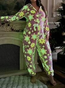 加大码圣诞驯鹿雪花印花保暖法兰绒连帽连体衣，带霓虹灯、夜光效果和蓬松感 - 紅色 - 查看 8