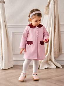 SHEIN 2 件套女婴休闲撞色夹克和长袖连衣裙套装，秋季 - 玫紅色 - 查看 1