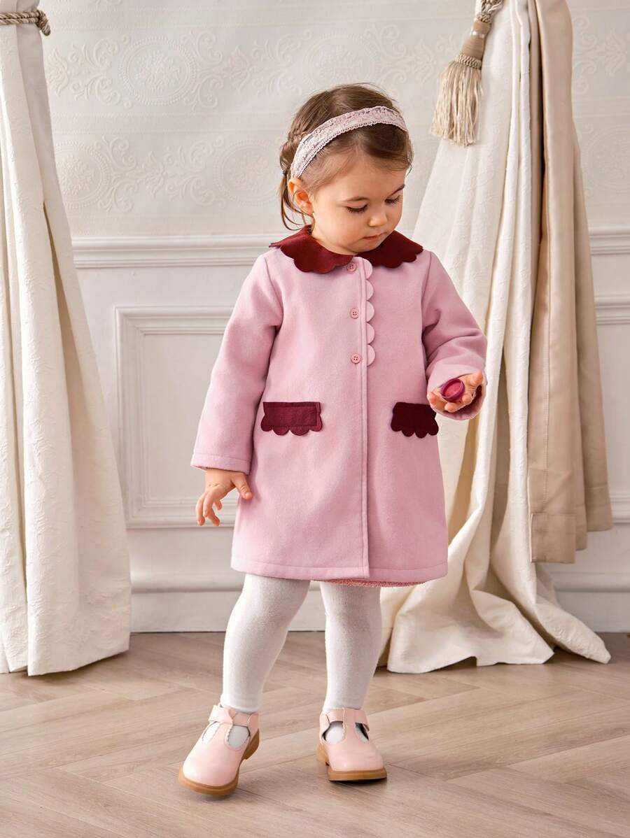 SHEIN 2 件套女婴休闲撞色夹克和长袖连衣裙套装，秋季 - 玫紅色 - 查看 1