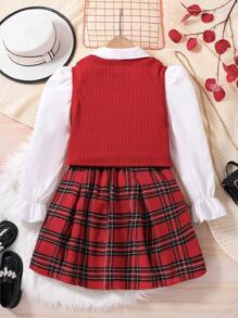 青少年女孩休闲纯色泡泡袖衬衫、背心和格子迷你裙 3 件套 - 紅色 - 查看 2