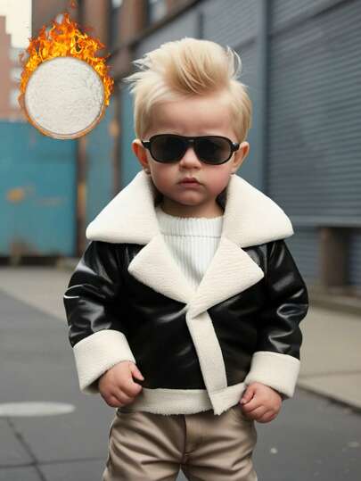 SHEIN Playful Pals Baby Boys' Contrast Color Winter Thick Casual Jacket