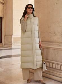 RueChic Longline Puffer Gilet, Extra-Long Puffer Vest - Beige - View 7