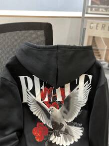 SHEIN TeenBoys 1 件休闲百搭街头时尚舒适温暖街头时尚和平加文字图案印花针织连帽运动衫返校服装；秋季服装；青少年男孩服装；青少年男孩夹克秋冬 - 黑色 - 查看 4