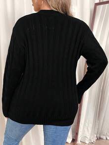SHEIN VCAY Áo khoác cardigan dáng rộng đơn hàng ngày tay dài màu trơn cỡ lớn cho nữ, mùa thu/đông - màu đen - Xem 2