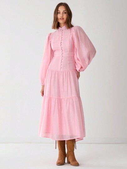 Enchnt Spring/Summer Romantic  Women's Elegant Solid Color Lantern Sleeve Dress,Sweet&Elegant For Wedding&Holiday &Sweet Date Night&Daily&Vacation&Garden Parties & Music Party