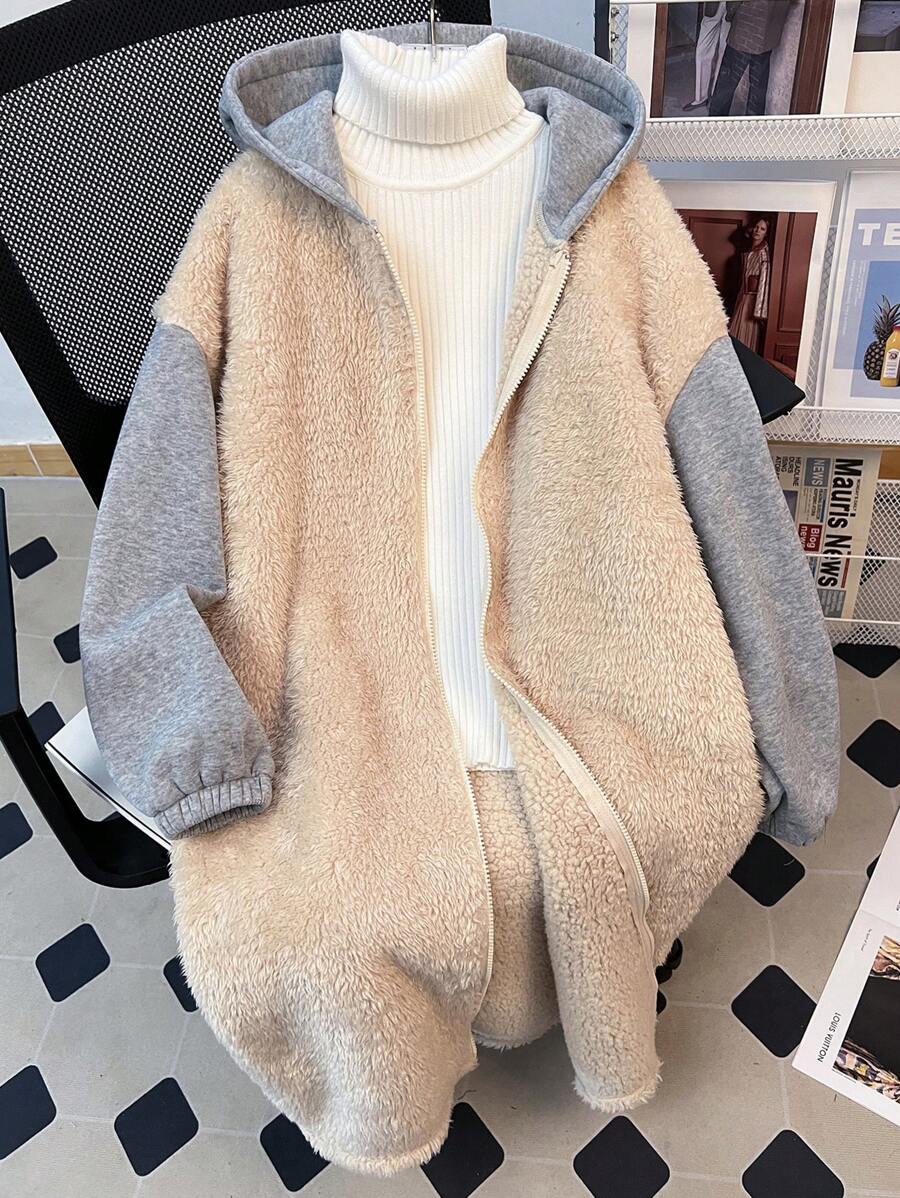 Abrigo con capucha de felpa esponjosa de color block, chaqueta de forro polar abrigada y suave para niñas preadolescentes, para otoño/invierno