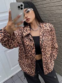 Flirla Plus Size Fashionable Leopard Print Jacket, Autumn - Brown - View 5