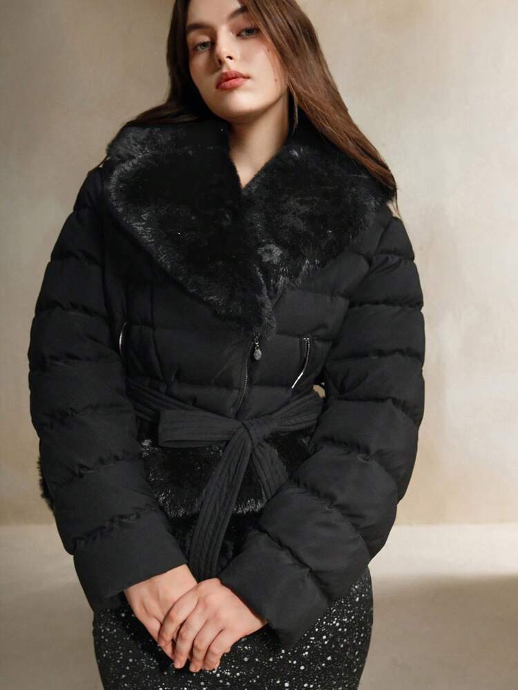 Plus Size Short Thick Fur Collar Warm Belt Waist Padded Padded Coat Coat