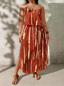 SHEIN LUNE Plus Size Skin-Friendly Tie-Dye A-Line Spaghetti Strap Dress - Brown - View 4