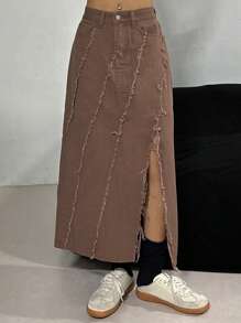 DAZY Chân váy denim cạp cao, vạt không đều, xẻ tà giữa cho nữ, váy jeans mùa thu. - Màu Khaki - Xem 6