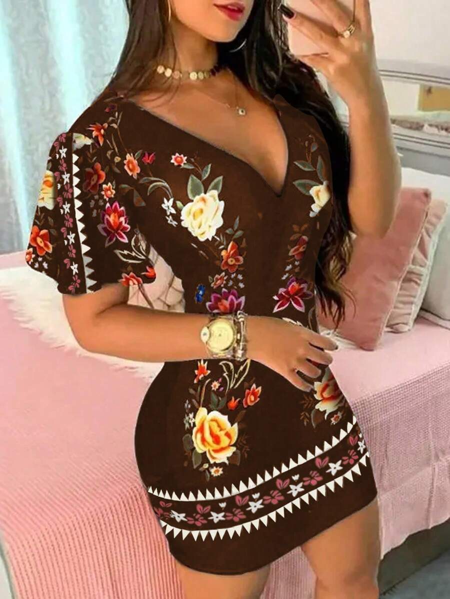 VaVaBold Vestido elegante ajustado con cuello en V con estampado floral, mangas cortas con volantes para mujer - Multicolor - Ver 1