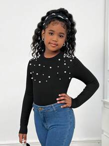 SHEIN Leap Crew Camiseta casual de manga larga con cuello redondo y decoración de perlas para niña preadolescente, color negro - Negro - Ver 4