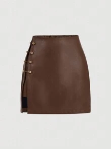 SHEIN MOD Brown Side Slit Metallic Trim Faux Leather A-Line Skirt, Going Out Skirt, Vintage Skirt, Fall Outfits, Sexy Skirt, Leather Skirt - Brown - View 1