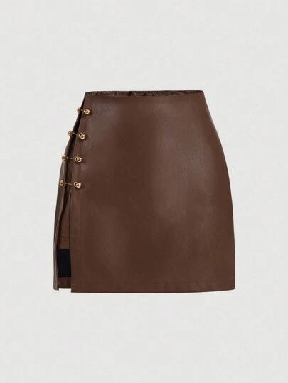 SHEIN MOD 棕色侧开叉金属边仿皮 A 字裙、外出裙、复古裙、秋季服装、性感裙、皮裙