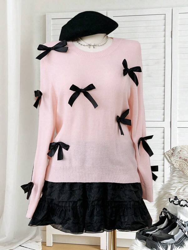 Sweetra Plus Size Casual Style Textured Bowknot Crew Neck Sweater Knit Pullover Fall Winter Outfit