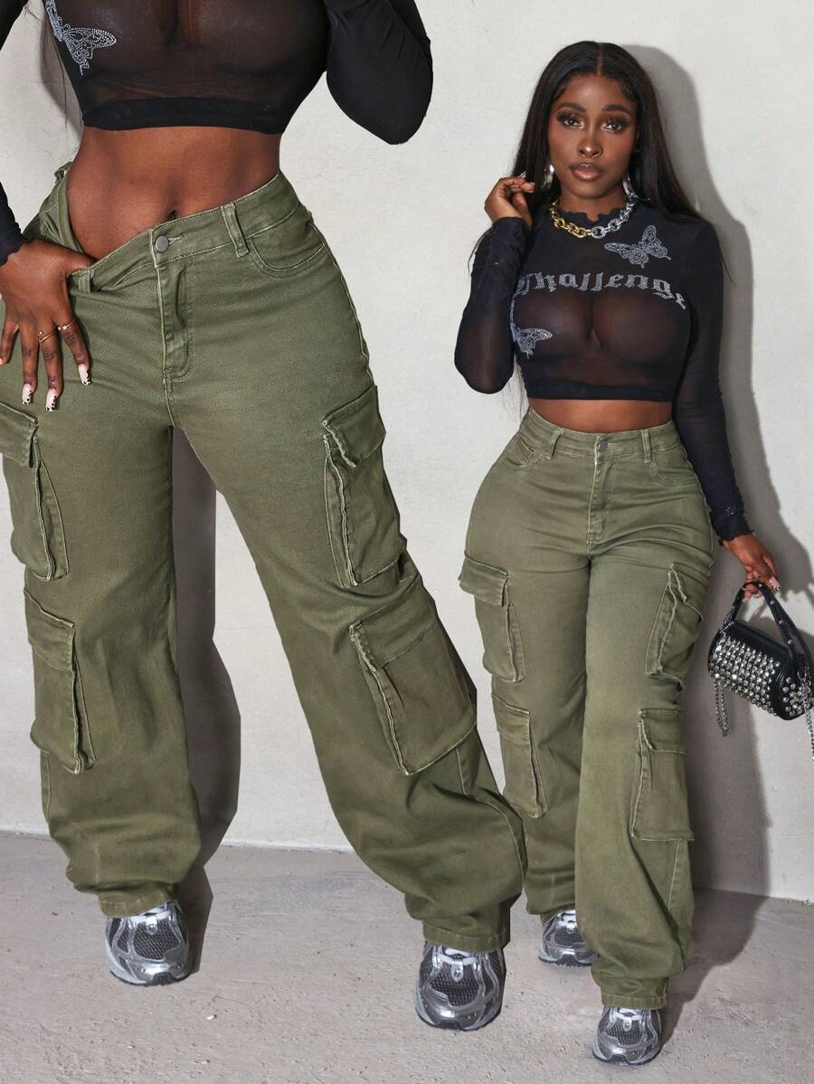 Slaydiva Petos vaqueros con bolsillo para mujer, pantalones cargo de mujer color verde militar, pantalones vaqueros holgados, pantalones holgados de mujer, pantalones de otoño para mujer - Verde militar - Ver 1