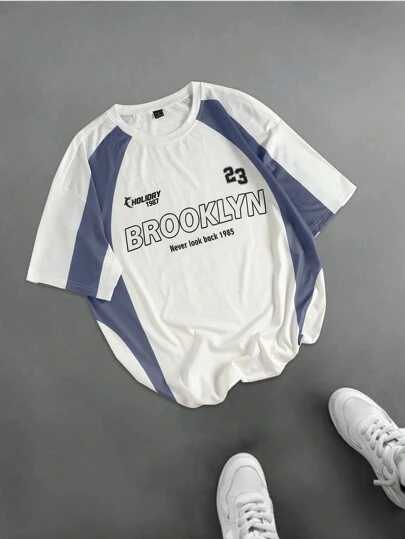 Manfinity EMRG Men Contrast Color Patchwork Color Block Crew Neck Short Sleeve Letter Graphic Printed Casual T-Shirt, Vacation, For Friends