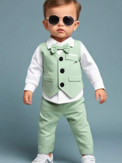 SHEIN 2pcs Gentleman Suit Includes Woven Vest And Trousers, Suitable For Birthday Party, Wedding, Stage Performance , Baby Boy Clothes
