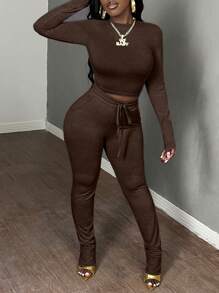 Slaydiva 2pcs Women Casual Basic Long Sleeve Crew Neck Crop Top And Drawstring Waist Skinny Sweatpants Set, Fall & Winter - Brown - View 4