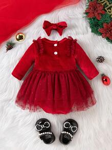 SHEIN 女婴圆点印花网纱褶皱长袖连体衣，保暖，圣诞节礼物 - 紅色 - 查看 2