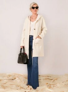 SHEIN LUNE 女式纯色落肩长袖长连帽休闲羊毛夹克，秋冬 - 杏色 - 查看 6