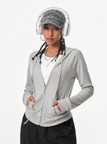 Muchica 女士秋季街头休闲微绒舒适紧身长袖连帽拉链运动衫 - 灰色 - 查看 4