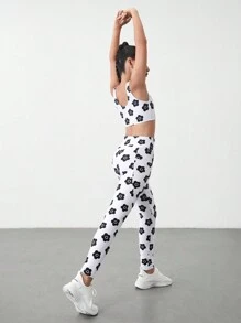 SHEIN Conjunto de 2 piezas de top de tirantes y leggings con estampado floral transpirable y que absorbe la humedad, adecuado para gimnasia, yoga, danza y deportes, para niñas preadolescentes, apto para todas las estaciones