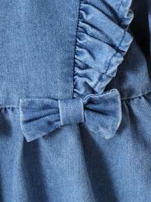 SHEIN Infant Girls' Blue Denim Cute Bowknot Ruffled Collar Blouse - Medium Wash - View 4