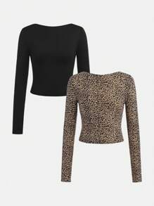 SHEIN 少女女孩买一送一 2 件/套豹纹黑色针织长袖 T 恤 - 彩色 - 查看 2