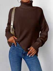 EURMUSE Women's Solid Color Turtleneck Long Sleeve Casual Sweater - Chocolate Brown - View 1