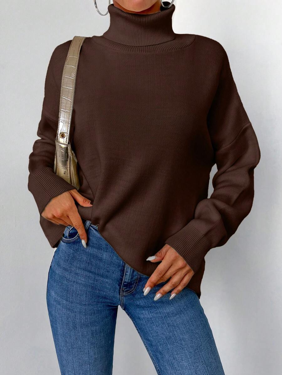 EURMUSE Women's Solid Color Turtleneck Long Sleeve Casual Sweater - Chocolate Brown - View 1