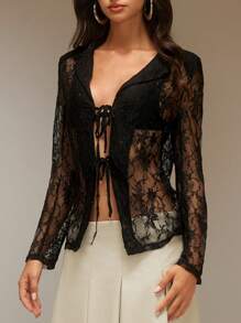 SURIMA Women's Black Rhinestone Lace Sheer Halter Blazer Jacket, Long Sleeve Sexy Club Tops