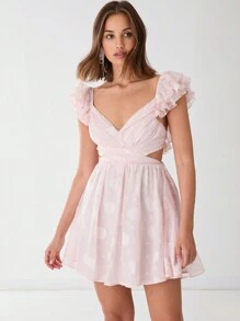 Enchnt 女士甜心领褶皱蕾丝镂空短款连衣裙 - 粉色 - 查看 4