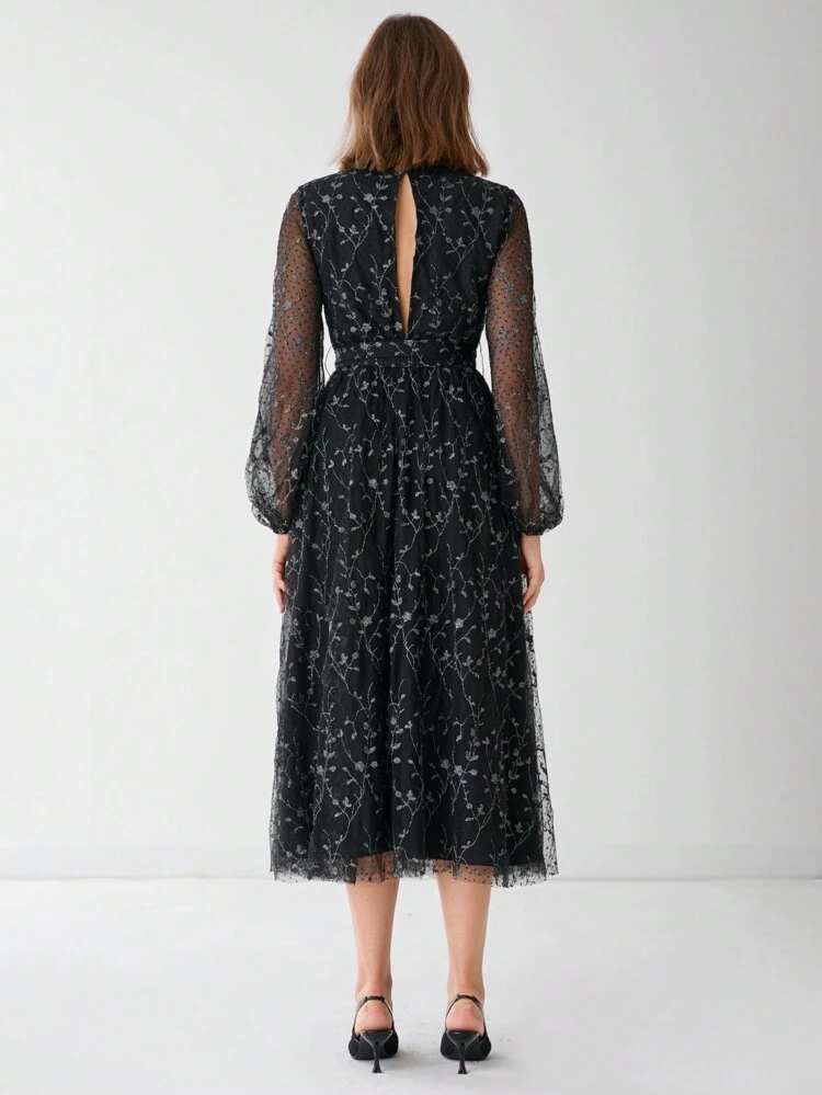 Women's  Floral Embroidered V-Neck Lantern Sleeve Dress,Fall Women Dress, Winter Women Dress