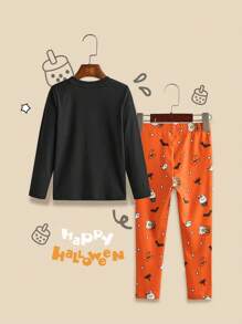 2 件套小女孩熊和南瓜图案长袖上衣和全身印花紧身裤万圣节服装