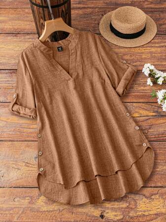 EMERY ROSE 大码休闲缺口领卷袖衬衫