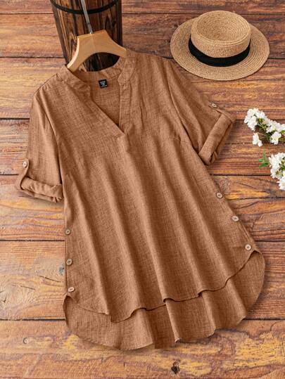 EMERY ROSE Camisa Plus Size Casual com Gola Entalhada e Manga Dobrada