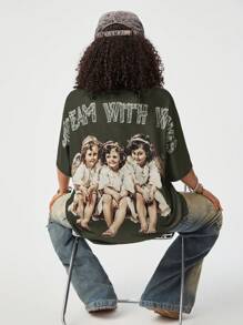 SHEIN EZwear T-shirt ample de couleur unie pour femmes avec portrait imprimé à l'arrière, ÉQUIPE AVEC DES AILES - Noir - Voir 1