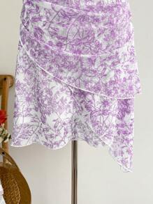 Soleia Váy ngắn ngày lễ lãng mạn, cổ chữ V, buộc lưới, kẻ sọc hoa cổ điển - Màu tím hoa cà - Xem 5