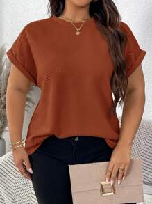 SHEIN LUNE Plus Size Solid Color Round Neck Short Sleeve Casual Top - Rust Brown - View 4