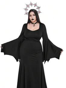 Whyspr Goth Punk Plus Size Women's Gothic Punk Style High Neck Ruched Flare Sleeve Mermaid Halloween Dress Maxi Goth Women Outfit - Black - View 5